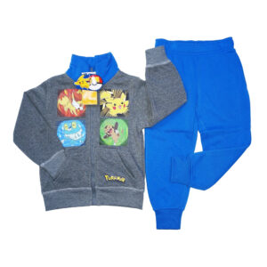 Conjunto para niños, chaqueta gris y buzo celeste con figuras de Pokemon (4-10 años)