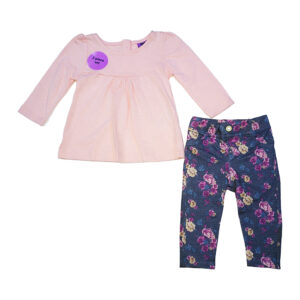 Conjunto de dos piezas para niñas, blusa rosa y buzo azul floreado (0-18 meses)