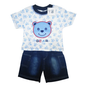 Conjunto de dos piezas para bebé, polera con figura de oso y corto azul (6-24 meses)