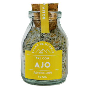 Sal con ajo Salar de Uyuni, frasco de vidrio 50grs