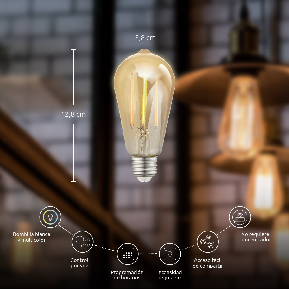 Foco LED inteligente regulable filamento ámbar WiFi Alexa Google E26/E27 8W - Nexxt NHB-A520