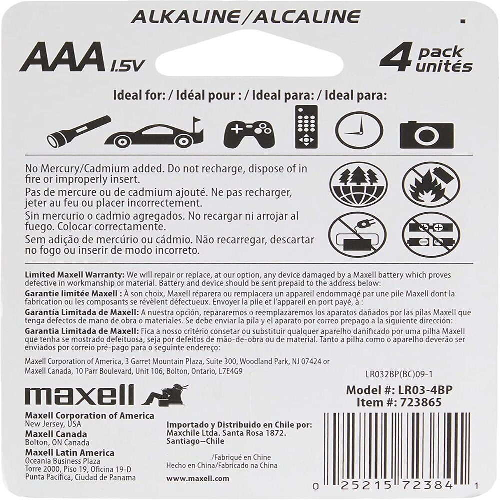 Pack de 4 piezas Pila Bateria AAA - Maxell AAA-4BP 723865